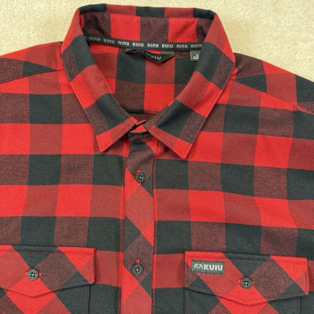 KUIU Field Flannel Shirt Mens L Red  Black Buffalo Check Plaid Longsleeve Logo